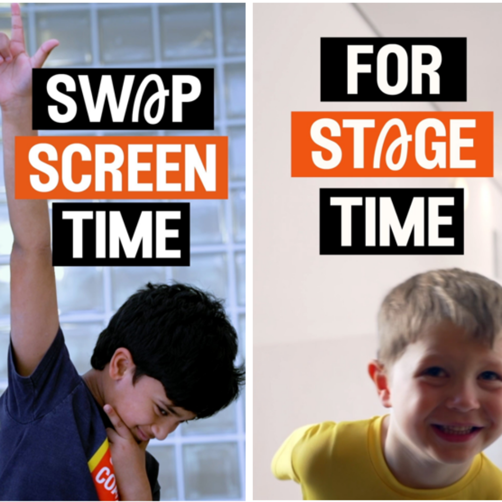 Graphic reading Swap Screen Time for Stage Time, with two smiling Stagecoach students