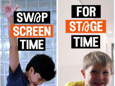Graphic reading Swap Screen Time for Stage Time, with two smiling Stagecoach students